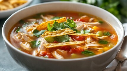 A bowl of chicken tortilla soup: Detail the flavorful broth, tender chicken, and the crunch of tortilla strips.