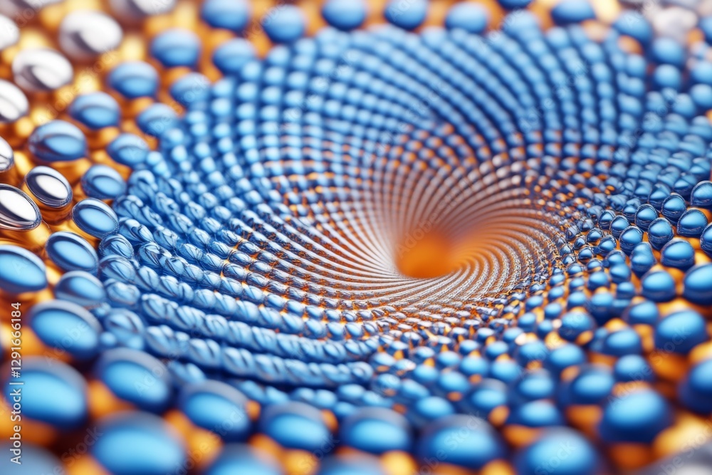 Poster Blue and orange spiral background with circular shapes, 3D rendering, abstract style, high resolution, hyper-quality, hyper-realistic, volumetric lighting, volumetric shadows, close-up, depth