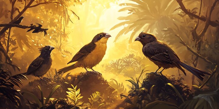 Dramatic depiction of Darwin's finches different islands each species adapted distinct beak shapes surrounded varied vegetation terrain golden sunlight highlighting the diversity of colors and forms