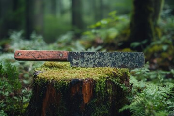 Wooden stump cut saw in the forest with green moss and ferns. High quality photo