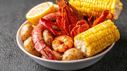 Fresh Seafood Boil with Corn, Potatoes, and Sausage on Table