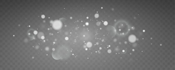 Bokeh light effect background, christmas white dust, festive glitter dust for banners, cards, advertisement. Christmas glowing dust background png, vector.	
