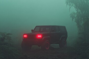 Mysterious SUV glows in foggy forest, enhancing adventurous atmo