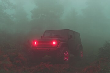 Mysterious off-road vehicle illuminated by red lights in dense f