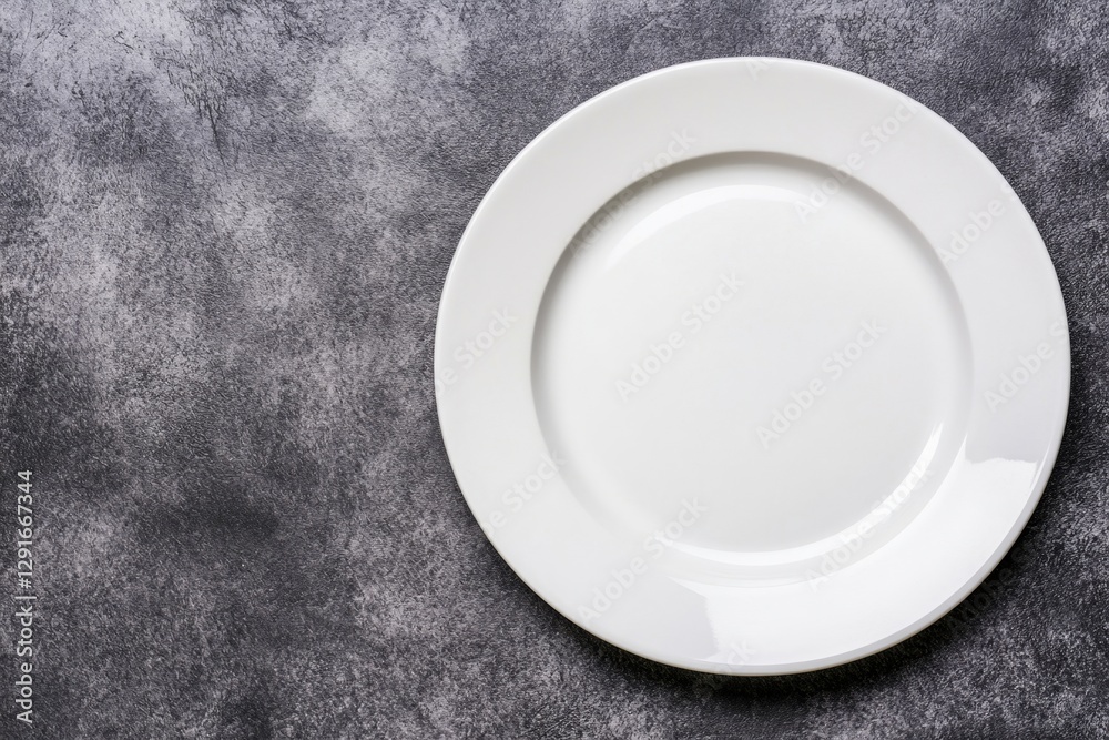 Aufkleber minimalist plain white plate on a grunge concrete background, top view. flat lay composition with co