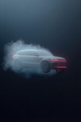 Floating car surrounded by mist, showcasing modern design and sl