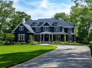 a large house in the suburbs, with a dark blue exterior and white trim.
