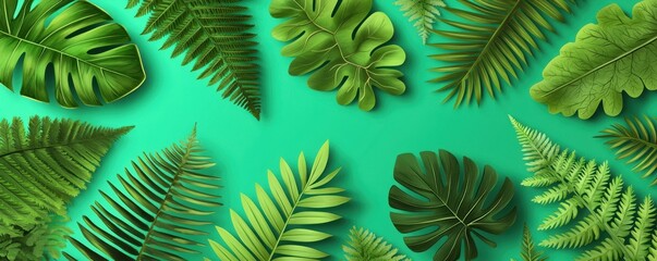 A vibrant arrangement of various green leaves on a turquoise background, showcasing natural textures and diverse shapes.