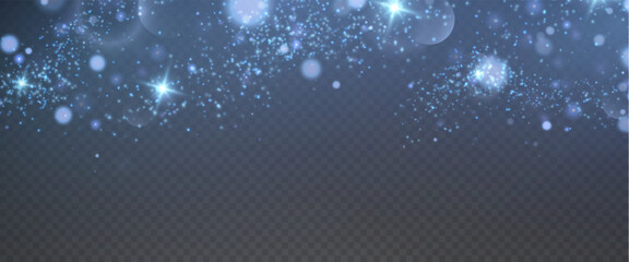 Fototapeta premium Bokeh light effect background, christmas blue dust, festive glitter dust for banners, cards, advertisement. Christmas glowing dust background png, vector.
