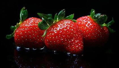 Three juicy strawberries on black background. Food photography for recipe, packaging, or blog