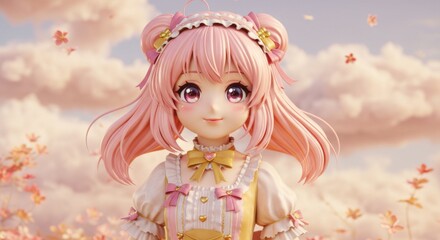 Fototapeta premium Adorable Pink-Haired Anime Girl in Dreamy Landscape