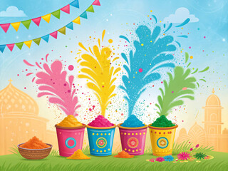Colorful Holi celebration with powder splashes in festive background
Bright Holi festival scene with color explosions and decorations