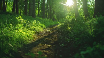 Obraz premium Forest path bathed in sunlight, ideal for nature and travel themes
