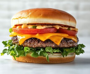 Delicious Cheeseburger with Fresh Lettuce, Tomato, Cheddar Cheese, and Sauce on Toasted Bun, Perfect for Food Photography and Burgers Promotion