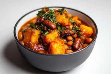 Spicy potato and bean stew in bowl