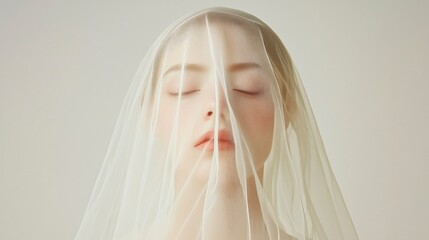 Serene woman under veil, eyes closed, soft light, portrait, beauty, bridal