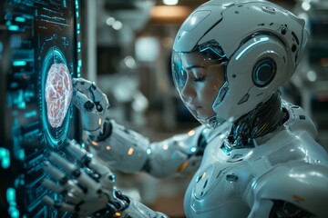 A female android examines a high-tech interface displaying intricate data patterns, highlighting the relationship between technology and intelligence in a lab. Generative AI