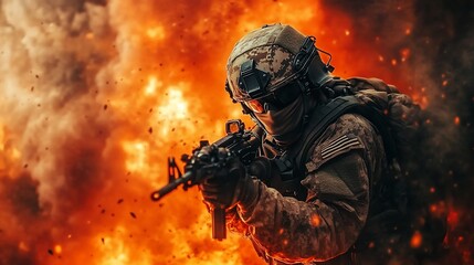 Fototapeta premium Armed soldier in tactical gear amidst explosive combat