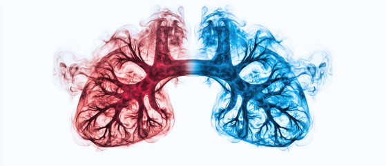 PM 2.5 air pollution health risk. Abstract illustration of human lungs in red and blue smoke.