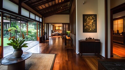 Fototapeta premium Tranquil Interior Design: Sunlit Asian-Inspired Home Corridor AI Generated