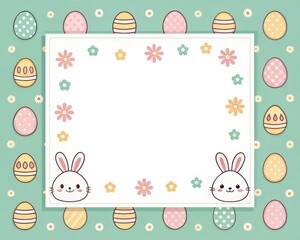 Easter themed background illustration with egg, bunny, and flower with blank frame for message 