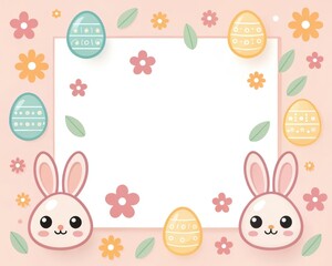 Easter-themed card featuring decorated eggs, cute bunnies, and floral elements. There's a blank space for custom message
