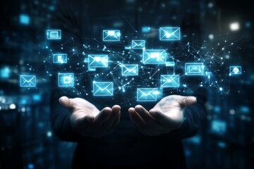 Hands are extended in a dark, futuristic space, surrounded by glowing email icons connected by lines, representing digital communication and connectivity. Generative AI