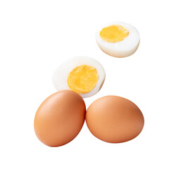 Top view set of two raw chicken eggs and cooked or boiled egg with egg yolk in two halves isolated on white background with clipping path