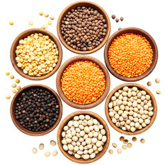 Fototapeta premium Variety of Soybeans and Lentils in Round Bowls on Transparent Background 
