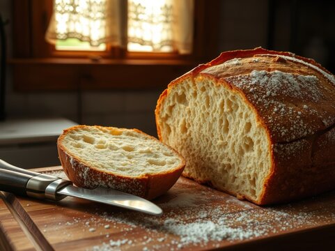 Homemade sourdough bread loaf with dusting of flour on wooden board