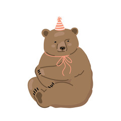 Funny illustration of brown bear in a festive hat, flat vector illustration isolated on white background