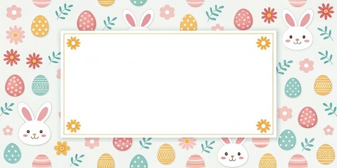 a festive Easter background with decorated eggs, flowers, and cute bunnies