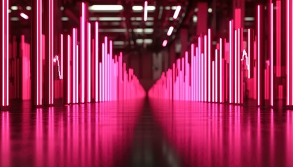 Pink neon light columns in dark industrial hall, perspective view, ideal for backgrounds