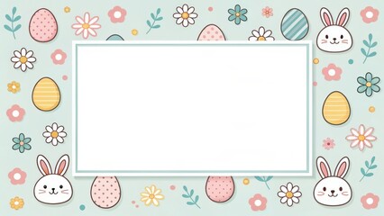 Easter-themed background, perfect for seasonal greetings or invitations, featuring eggs, bunny faces, and flowers, creating a festive design.