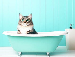Cat relaxing in a mint-colored bathtub.