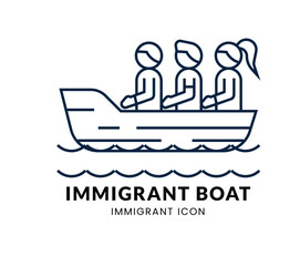 Refugee Boat line Icon Set .  Migrant People  . Vector Illustration