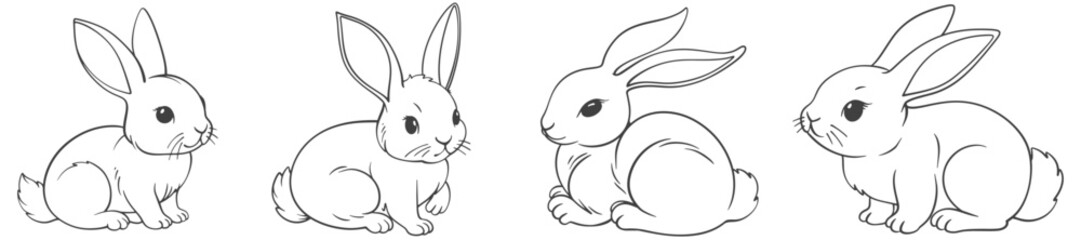 Set different easter bunny rabbits outlines, isolated on transparent background. Bunnies as easter decorative elements. Vector eps