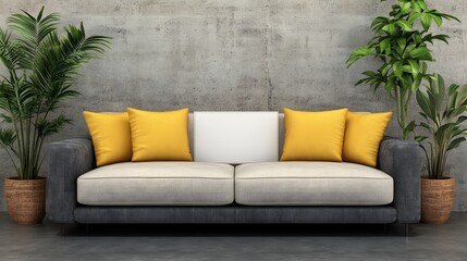 Stylish Modern Sofa with Yellow Pillows and Indoor Plants against a Concrete Wall