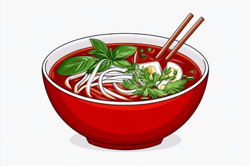 a 2D cartoon illustration of a bowl of pho with fresh herbs, flavorful and warm, white background