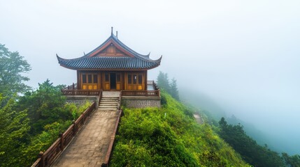 Fototapeta premium Serene Traditional Wooden Temple Surrounded by Foggy Landscape