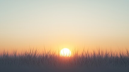 Fototapeta premium A Tranquil Dawn: The Steady Rise of the Sun Over the Horizon Surrounded by Gentle Grass at Early Morning