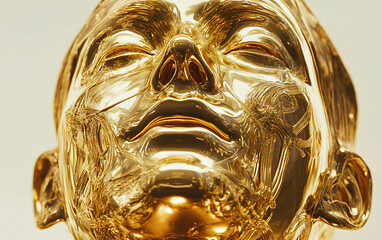 Golden sculpture of a serene human face created to evoke tranquility and introspection, showcasing intricate details and smooth surfaces that reflect light beautifully