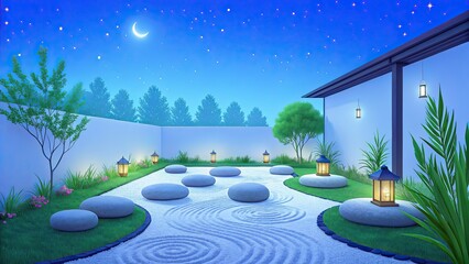 Mental Health Wellness Mindfulness Meditation Concept Tranquil garden scene at night, featuring stones, lanterns, and a starry sky.