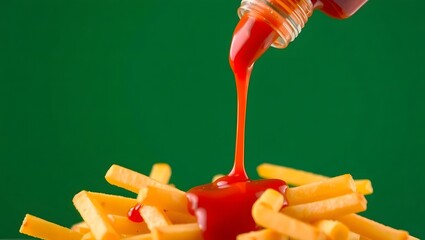  a bottle of ketchup pouring onto a pile of crispy french fries