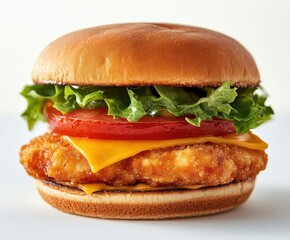 Delicious crispy chicken sandwich with fresh lettuce, ripe tomato, and melted cheese served on a golden bun isolated on a clean background