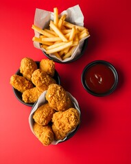 Crispy fried chicken wings and tenders, alongside french fries, arranged in two black bowls on a vibrant red sauce 