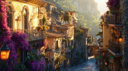 Sunny Italian hill town street, flowers, travel