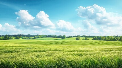 Fototapeta premium Sunny green field under blue sky. Ideal for nature, travel, or agriculture websites
