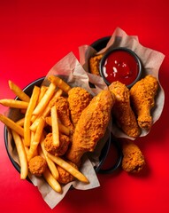 Crispy fried chicken wings and tenders, alongside french fries, arranged in two black bowls on a vibrant red sauce 