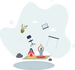 Mental health and workplace wellbeing with green office.Employee harmony with comfortable environment and interior with much daylight for work productivity.flat character life .